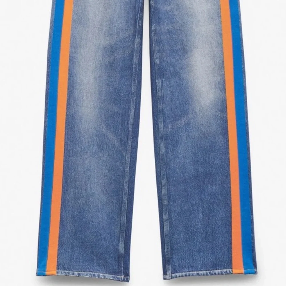 RAG & BONE Wide-Leg Denim Pants with Orange Side Stripe-Sweat Pant Jeans - Picture 4 of 6